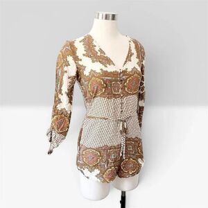 Tea & Cup Boho Paisley Brown Patchwork Festival ROMPER JUMPSUIT JUMPER Small